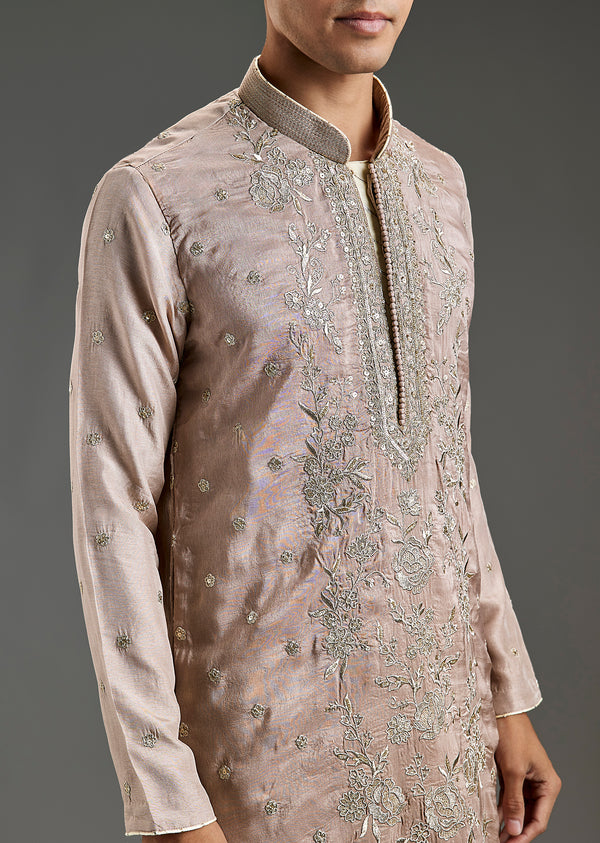 Beige Silk All Over Hand Embroidered Kurta Set