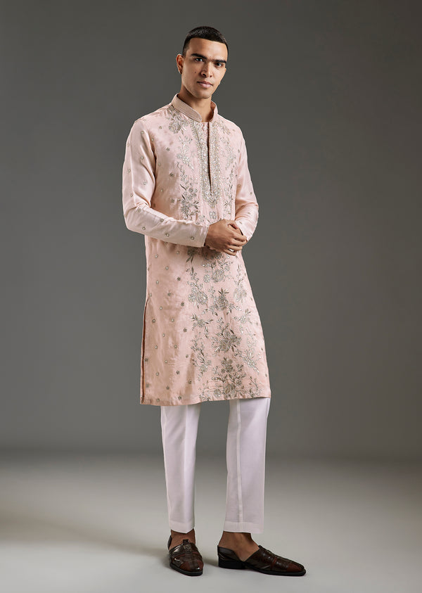 Peach All Over Hand Embroidered Rawsilk Kurta Pant Set