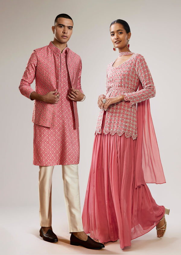 Pastel Statement Duo – Peplum Palazzo Set For Her And Jacket Kurta Set For Him