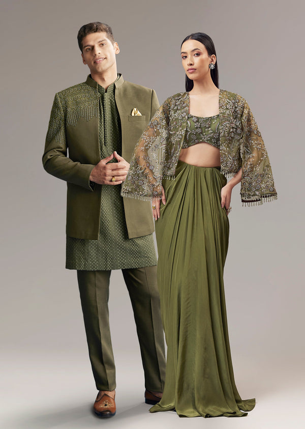Olive Green Contemporary Duo – Indo Western Crop Top Skirt Set For Her And Jodhpuri Suit For Him