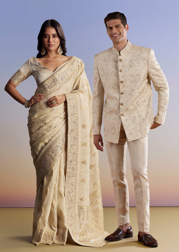 Cream Royal Duo – Jacquard Silk Saree For Her And Embroidered Jodhpuri Set For Him