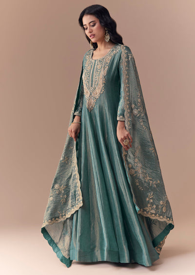 Sea Green Zardozi Anarkali with Dupatta