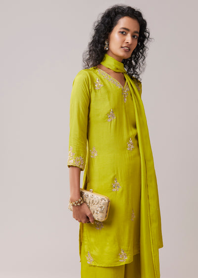 Lime Green Silk Kurta Pant Set with Gota Work