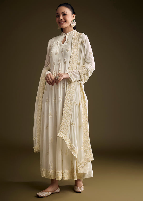 Heavily Embroidered White Chinon Anarkali Set With Keyhole Neck