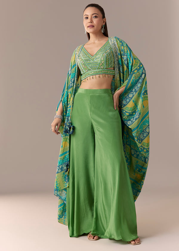 Green Crop Top Palazzo Set with Printed Cape