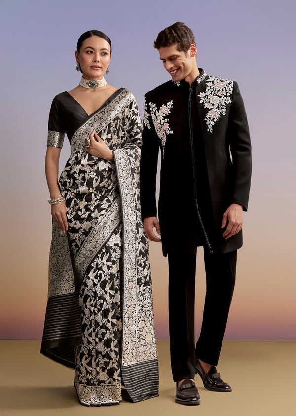 Black Regal Duo – Banarasi Silk Saree For Her And Embroidered Indo Western Set For Him
