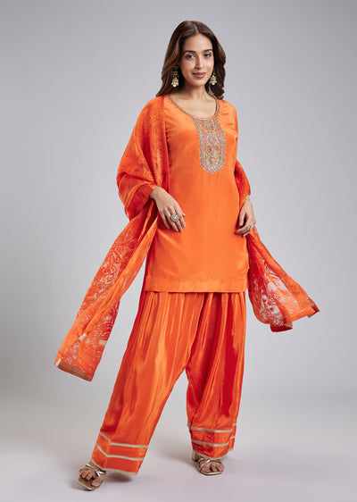 Orange Crepe Kurta Set With Intricate Zardosi Embroidery