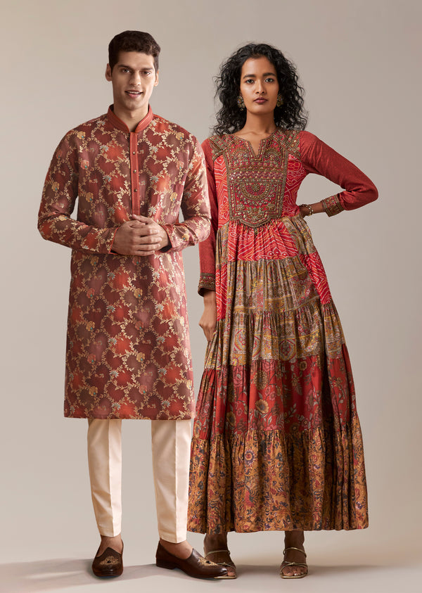 Red Festive Duo — Bandhani Kurti For Her And Banarasi Kurta For Him