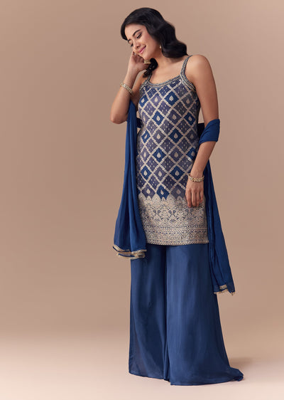 Blue Jacquard Woven Kurta Palazzo and Dupatta Set