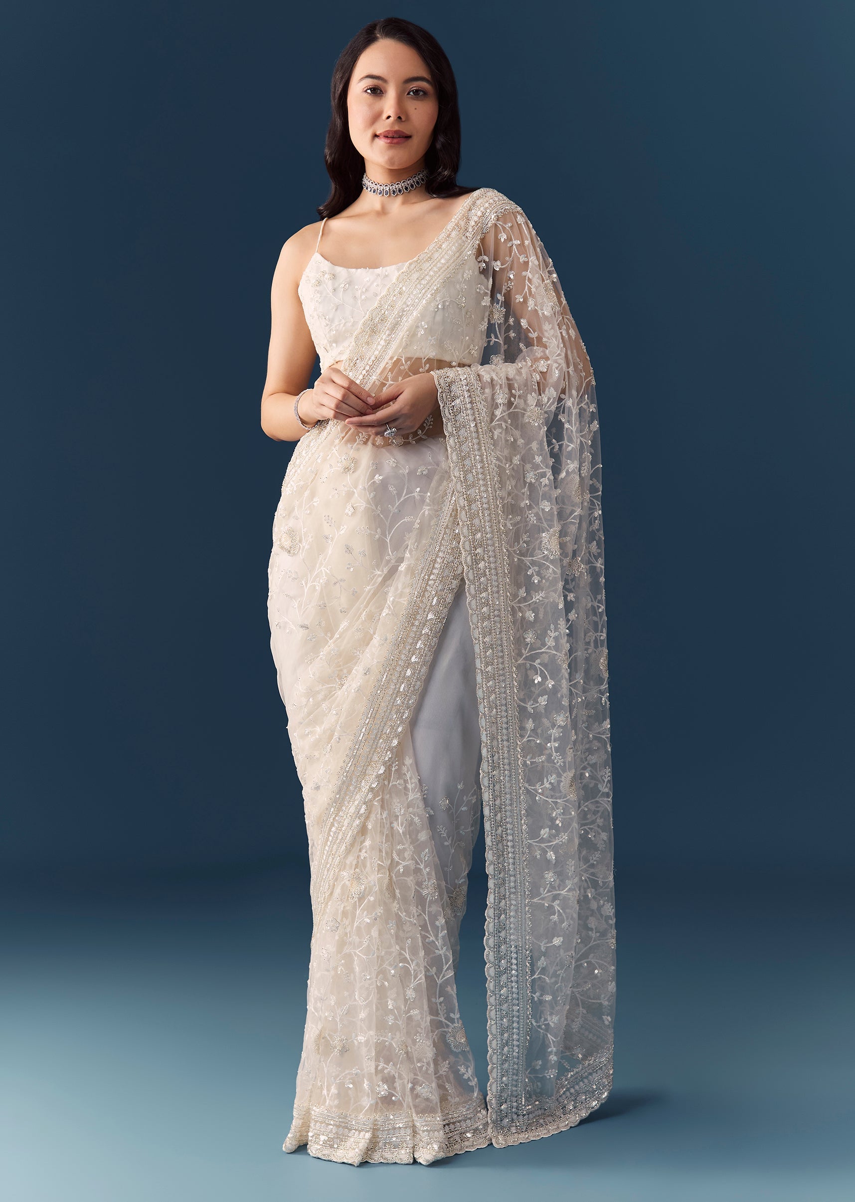White Net Jaal Resham Work Saree with Unstitched Blouse