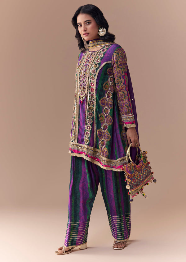 Purple Indie Print Patiala Suit Set With Handbag