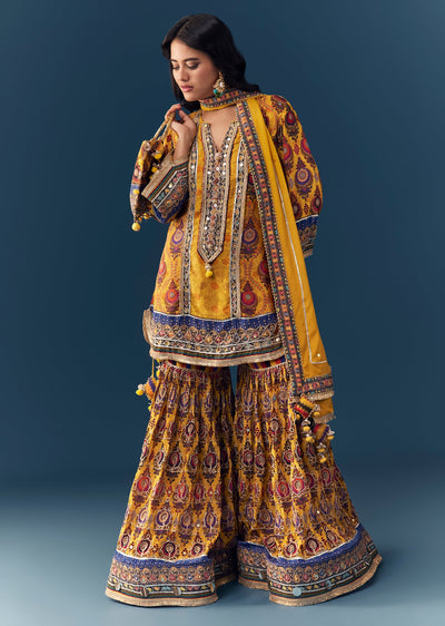 Yellow Gota Lace Work Sharara Set with Handbag