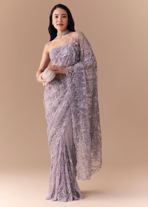Lavender Net Floral Work Saree with Unstitched Blouse