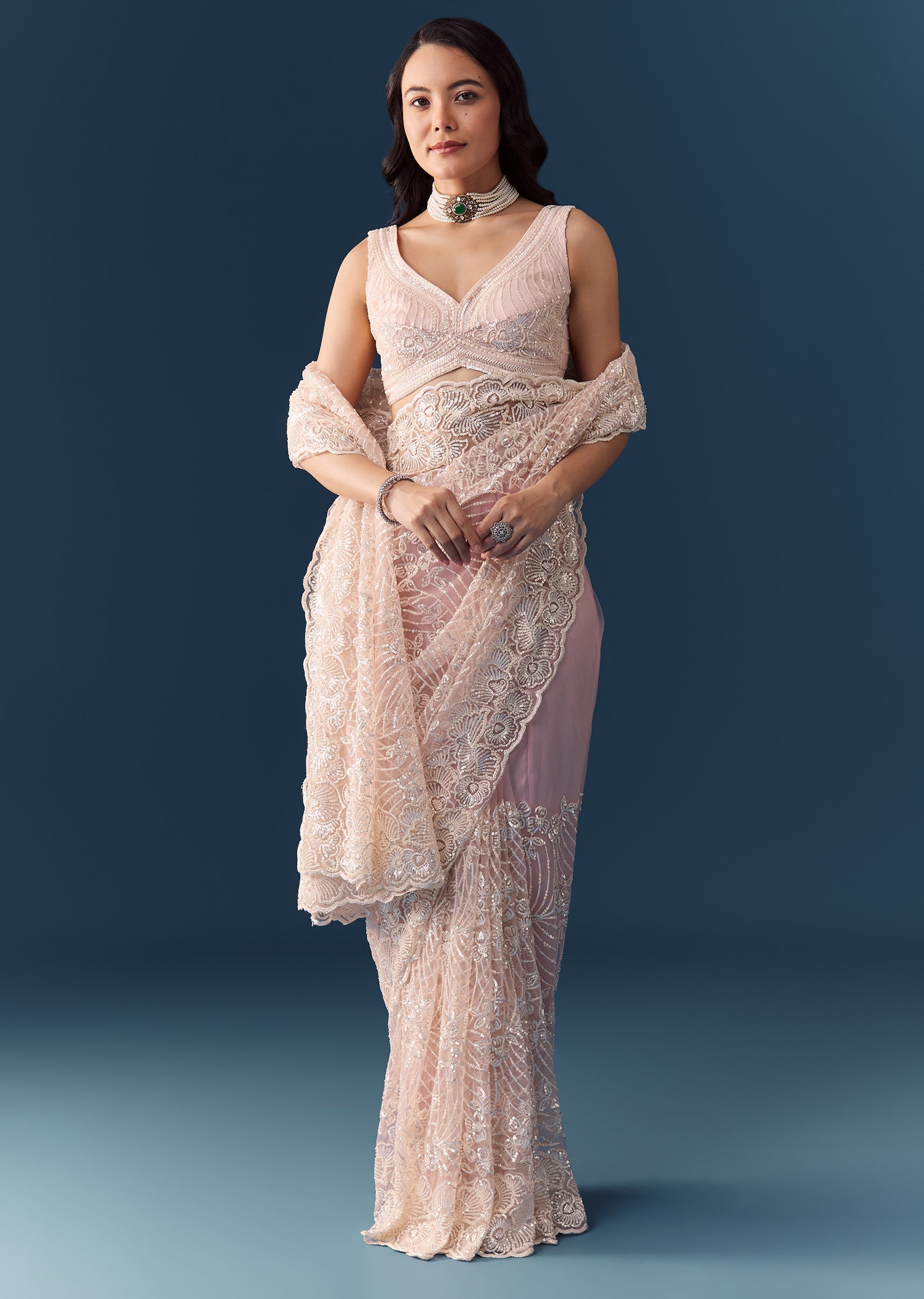 Pink Net Floral Jaal Cutdana Work Saree with Unstitched Blouse