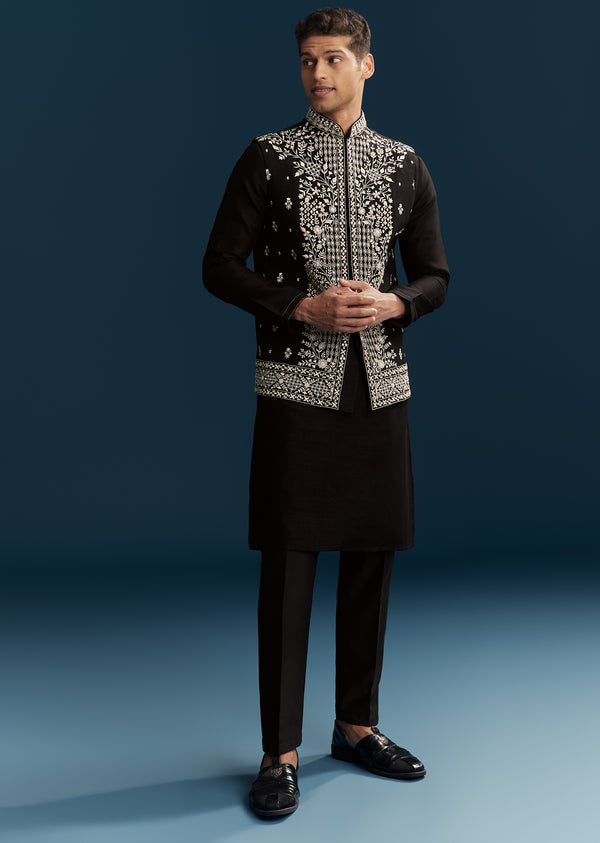 Black Silk Kurta Jacket Set For Men With Heavy Embroidery