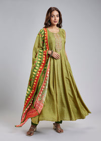 Green Patola Style Printed Anarkali Suit Set