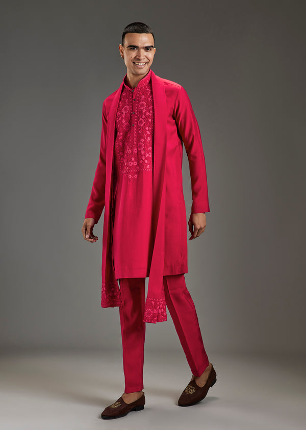 Pink Embroidered Viscose Kurta Set With Dupatta
