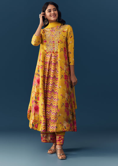 Yellow Floral Print Anarkali Set