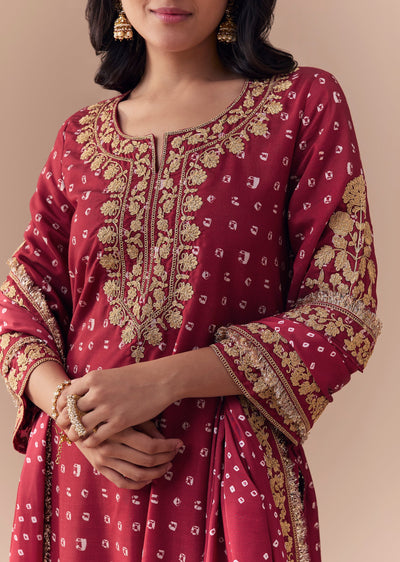 Maroon Silk Bandhani Print Kurta Set
