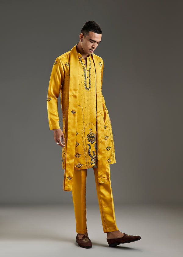 Yellow Linen Satin Mens Kurta Set with Metal Beads Detail Work