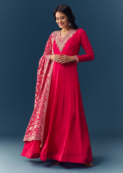 Hot Pink Thread Embroidered Anarkali with Dupatta