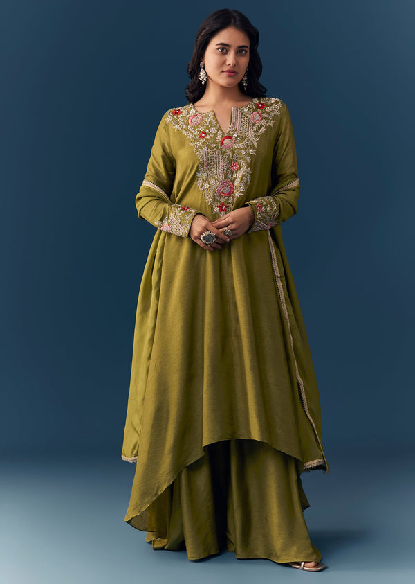 Mehendi Green Kurta Palazzo Set With Zardosi Detailing