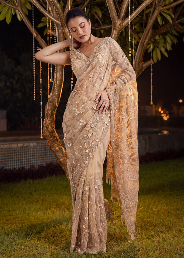 Gold Sequin Embellished Net Saree