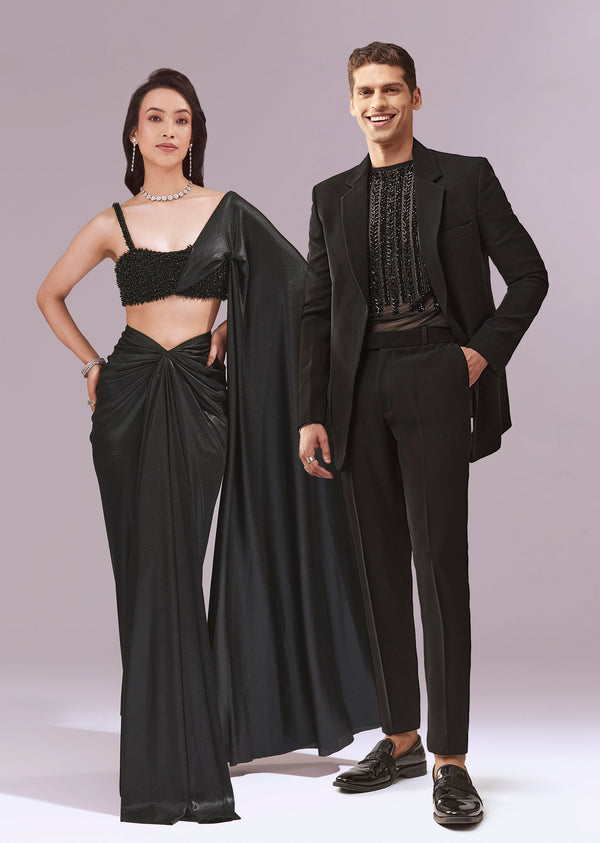 Black Evening Duo – Draped Crop Top Skirt Set For Her And Embellished Indo Western Set For Him