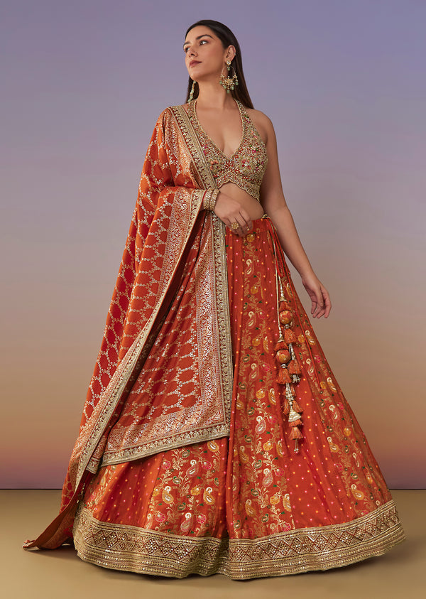 Rust Banarasi Silk Bridesmaid Lehenga