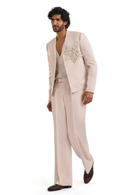 Pink Tuxedo Set With Pearl Floral Embroidery