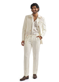 White Embroidered Tuxedo Set With Organza Satin Shirt
