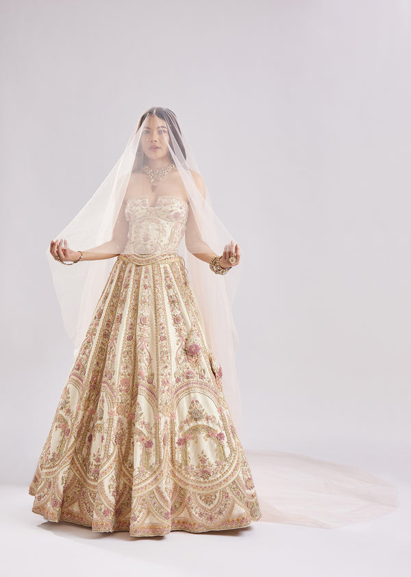 Off White Antique Embroidered Bridal Lehenga Set