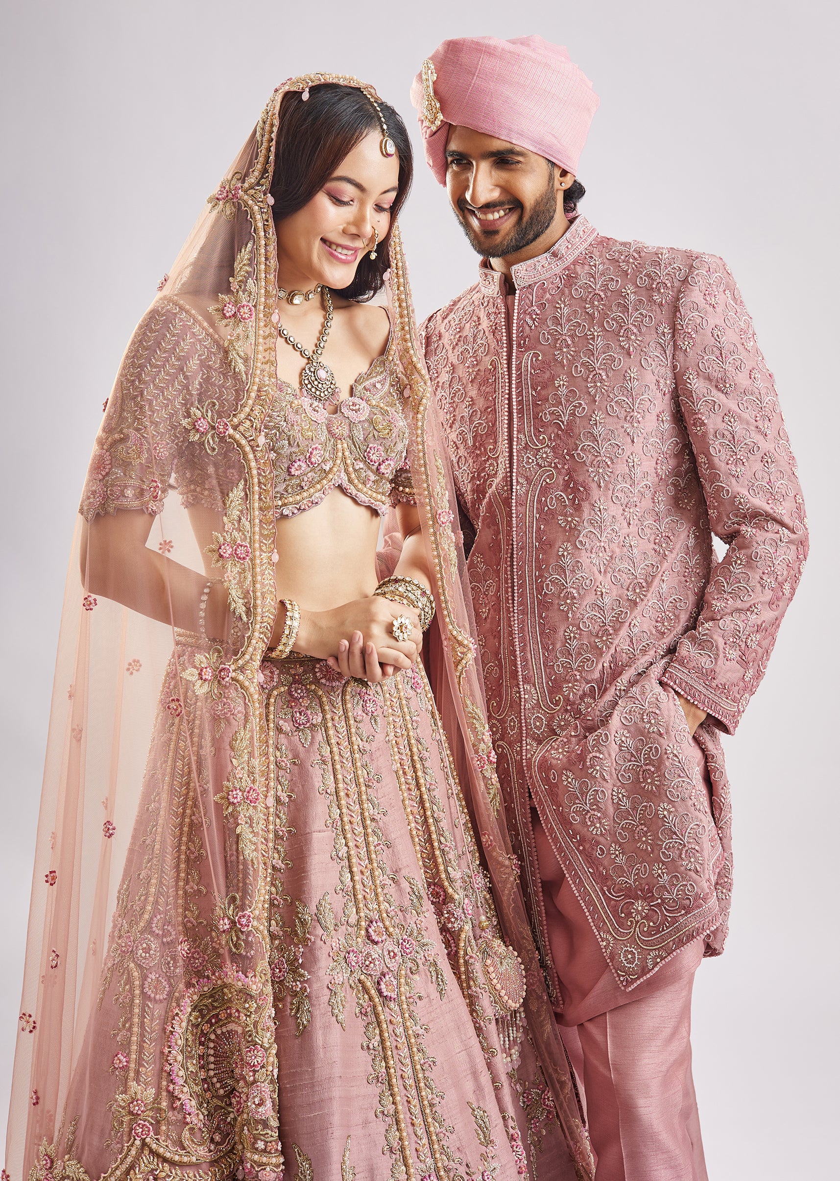 Blush Pink & Dusty Rose Duo — Bridal Lehenga For Her And Sherwani For Him
