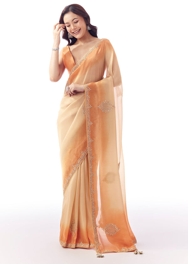 Shaded Orange Tissue Saree With Zardosi And Resham Hand Embroidery and Tasselled Pallu