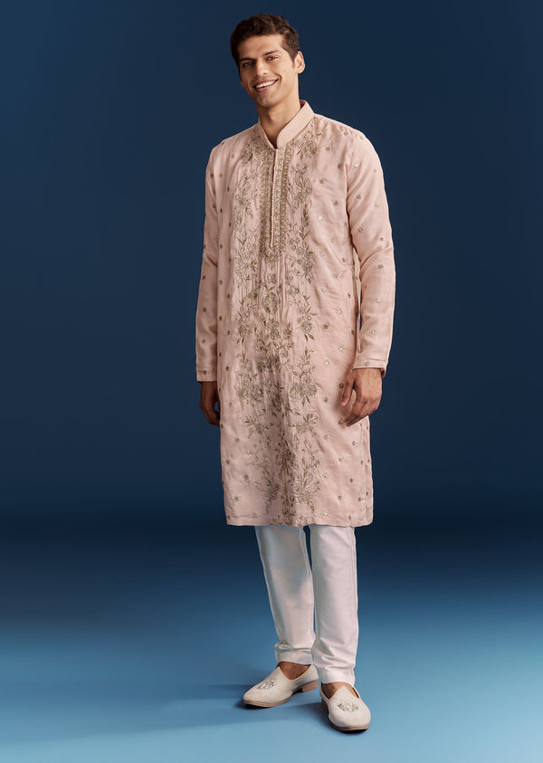 Peach Silk Kurta Set With All Over Hand Embroidery