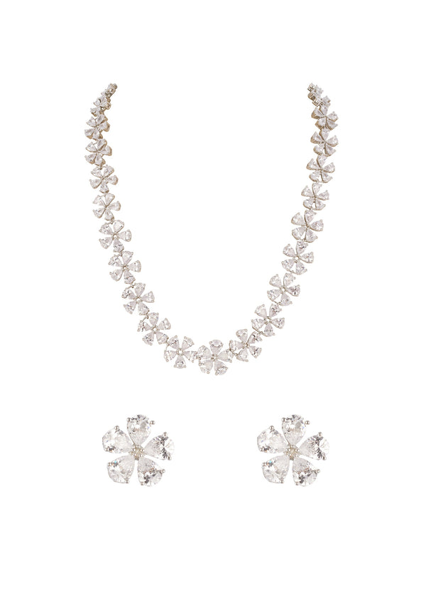 Silver Finish Necklace Set In Mix Metal With Contemporary Floral Style And White Cubic Zirconia Accents