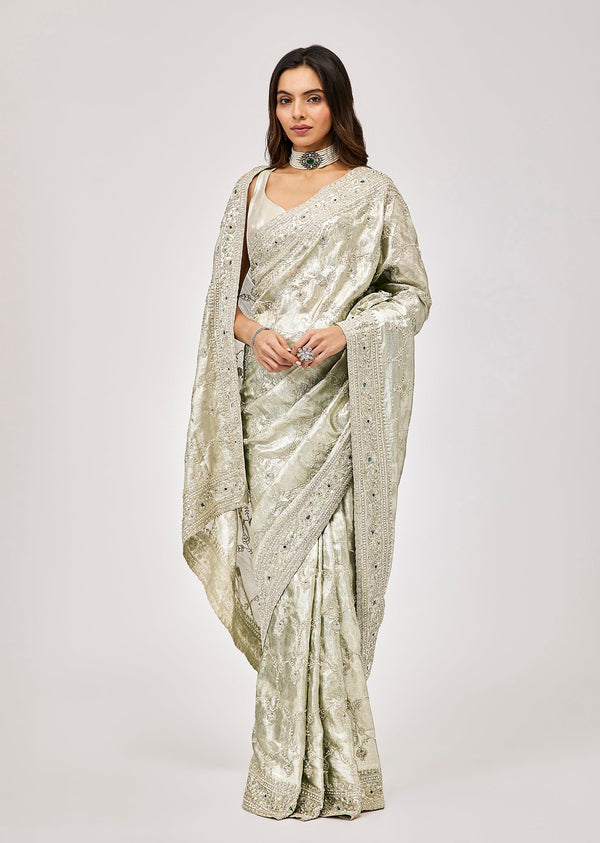 Silver Tissue Saree With Kundan Embroidery