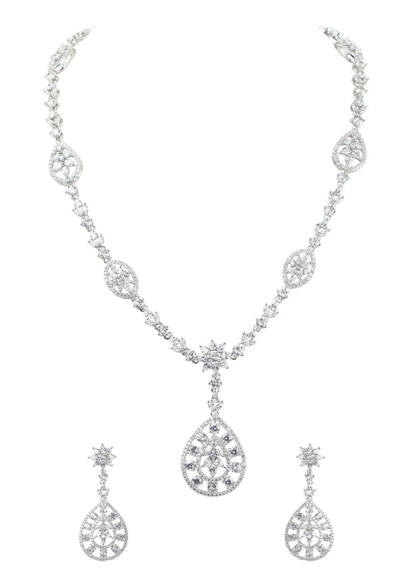 Silver Finish Necklace And Earring Set In Mix Metal With Faux Diamonds