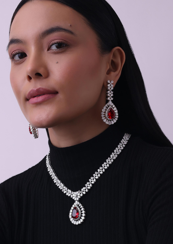 Silver Finish Necklace And Earring Set Studded With Ruby