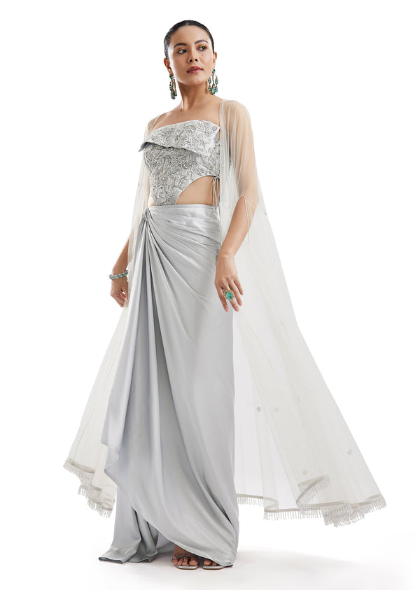 Sky Blue Embellished Cape Skirt Set