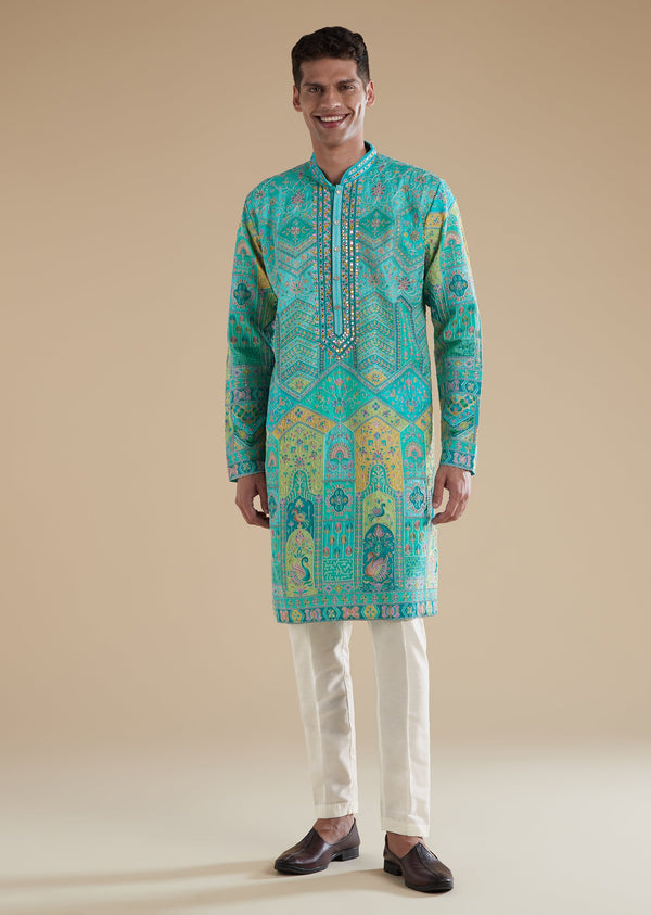 Sky Blue Silk Viscose Mens Kurta Set with Thread Mirror Detail Work