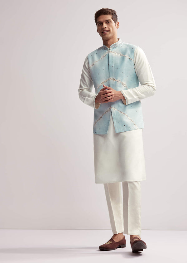 Sky Blue Silk Kurta Jacket Set For Men With Hand Embroidery