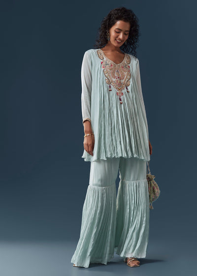 Sky Blue Zardosi Cape-Style Sharara Set