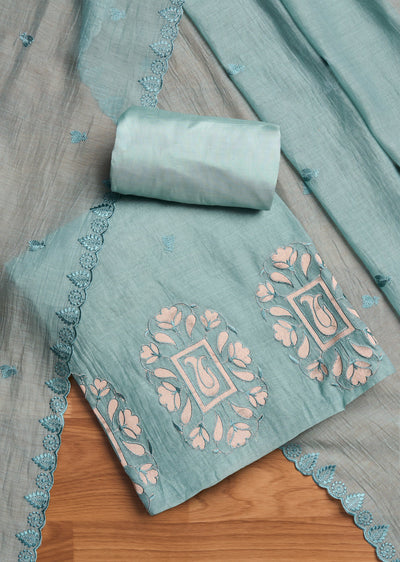 Soft Blue Chanderi Embroidered Unstitched Suit Set