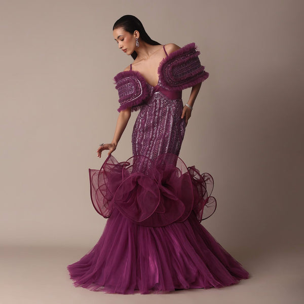 Deep Purple Organza Fish Cut Gown With 3D Ruffles