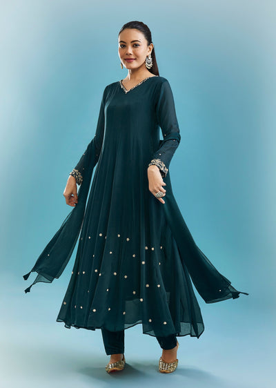 Teal Anarkali Set With Zardosi Work