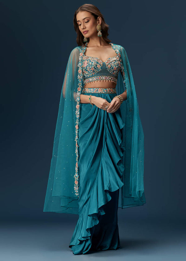 Teal Blue Dhoti Skirt Set With Embroidered Blouse And Net Dupatta