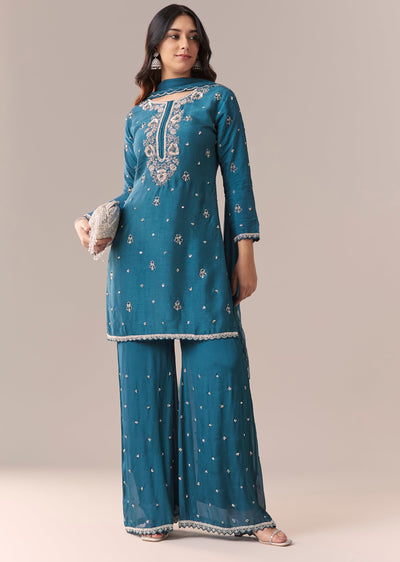 Teal Blue Embellished Palazzo Suit Set With Dupatta