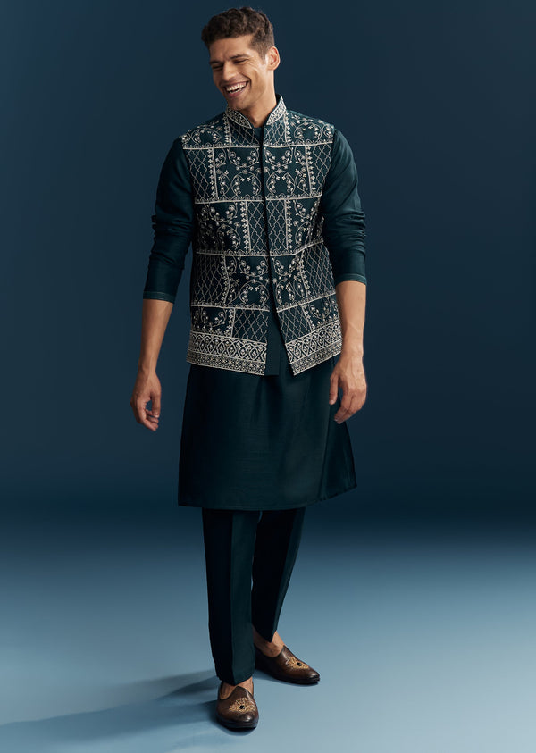 Teal Blue Silk Kurta Jacket Set With Thread And Mirror Work