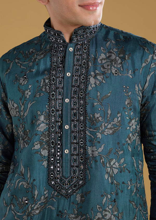 Teal Blue Silk Kurta Set With Thread And Mirror Detail Work